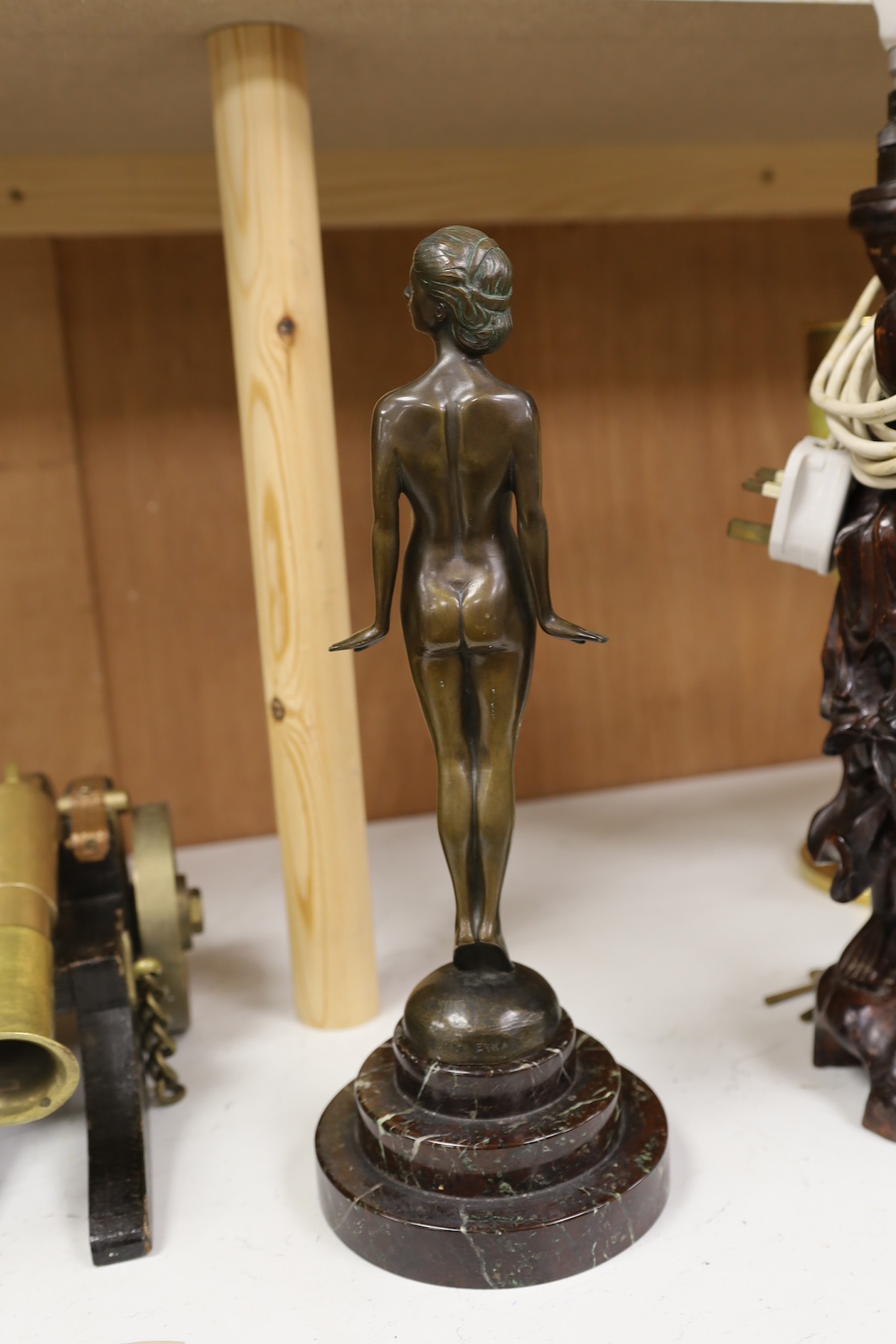 Lissy Eckart (German, 1891-1974), an Art Deco bronze, standing female nude, on marble base, 35cm. Condition - fair to good, chips to marble